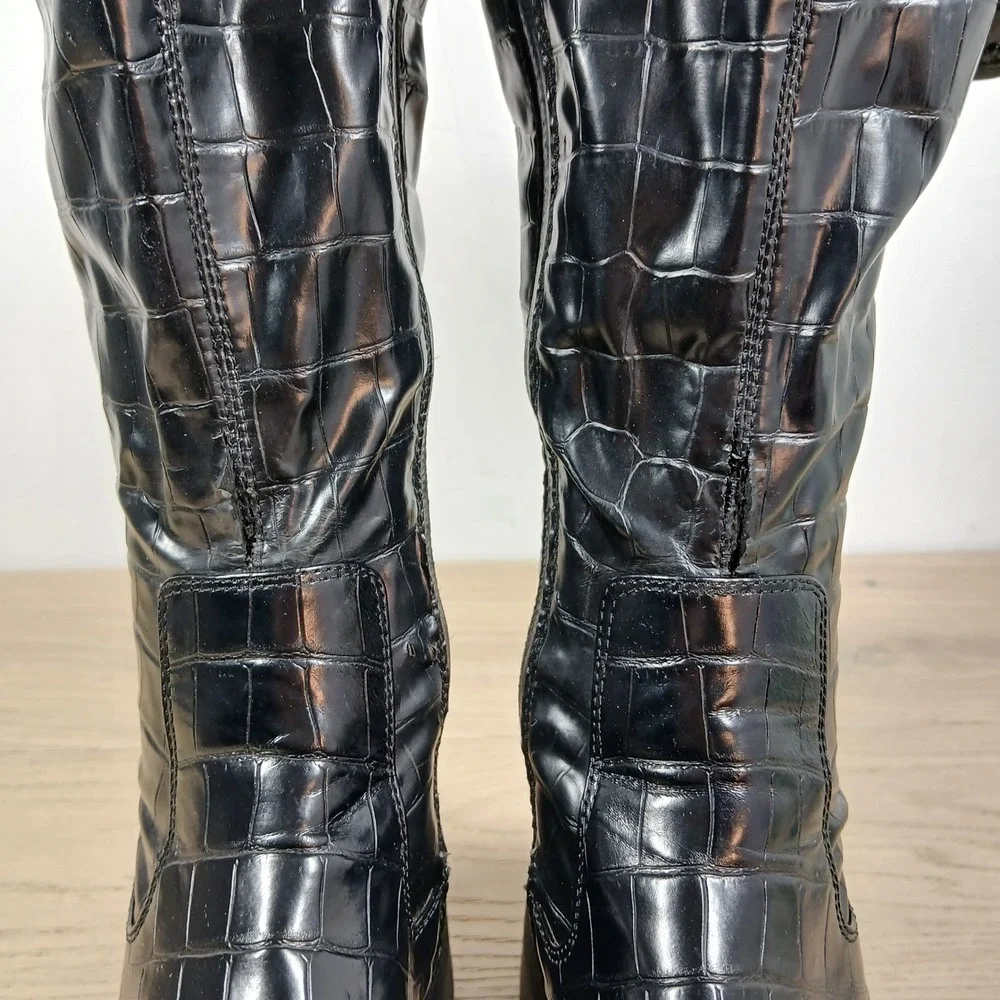 Franco Sarto Janna Boots Womens 6 Black Croc Platform Over The Knee High Gothic